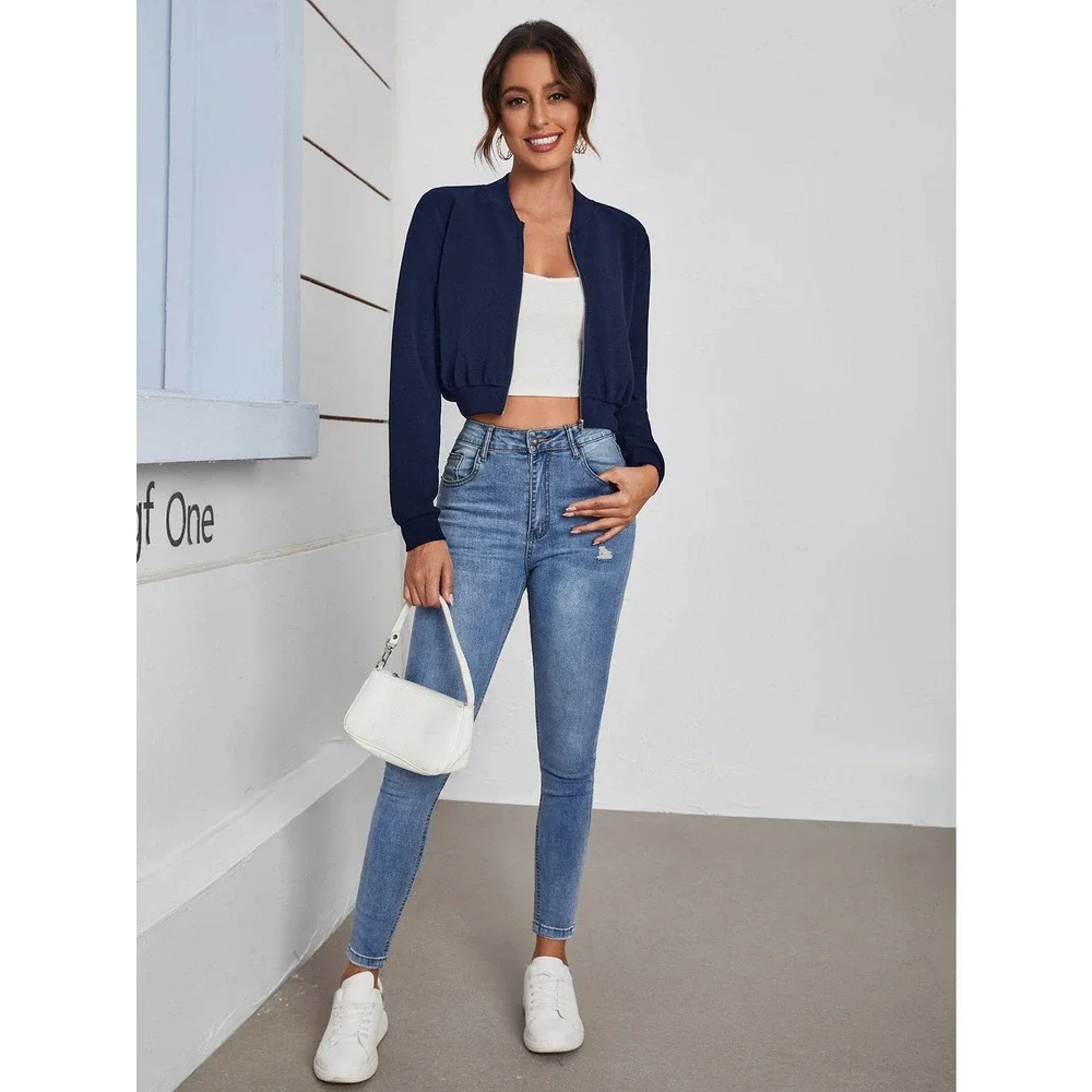 Zip Up Crop Bomber Jacket white 💙 - Picture 11 of 11